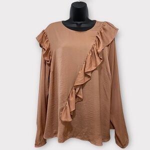 Lane Bryant Dusty Coral Pink Asymmetrical Ruffle Satin Long Sleeve Blouse Sz 18